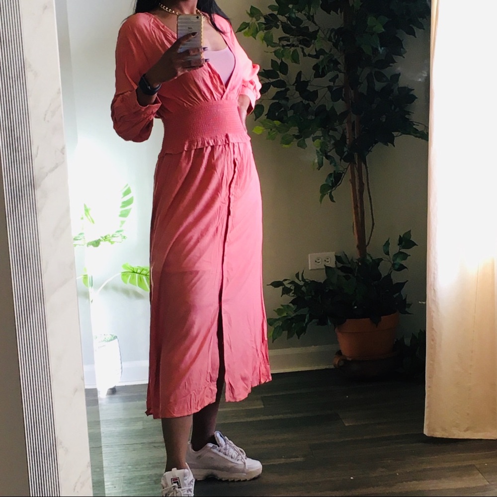 coral smocked waist midi dress small
